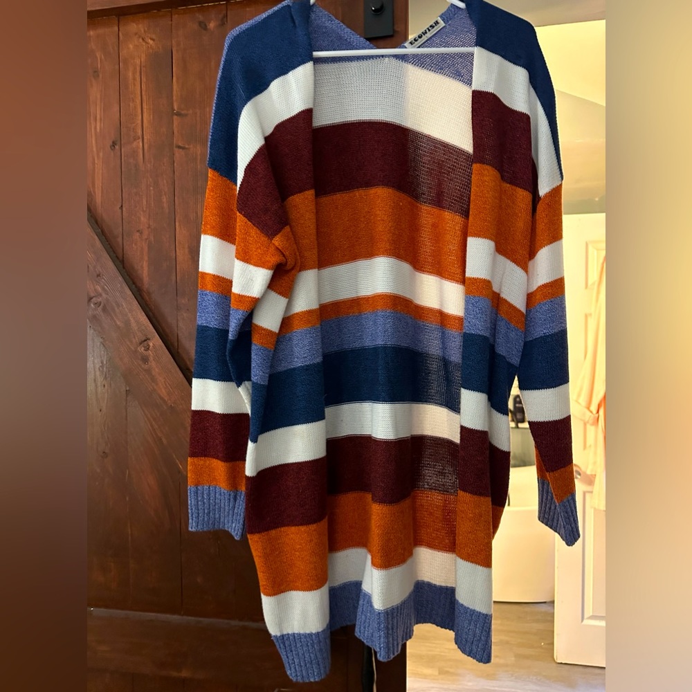 Knit Cardigan-blue striped-Large